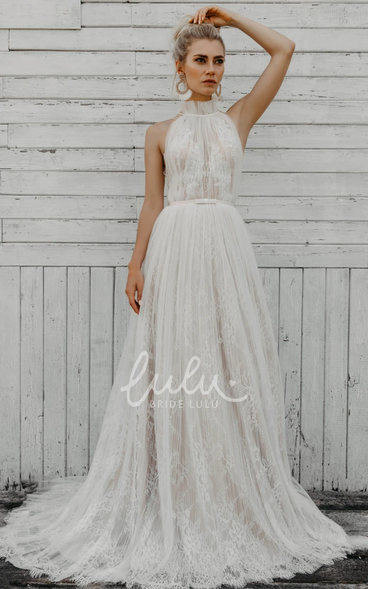 Bohemian Halter Neckline A-Line Tulle Wedding Dress with Illusion Back Beach Wedding Dress
