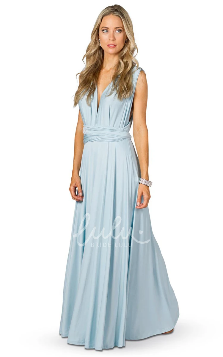 Sleeveless V-Neck Chiffon Bridesmaid Dress with Ribbon and Straps Elegant Convertible Style