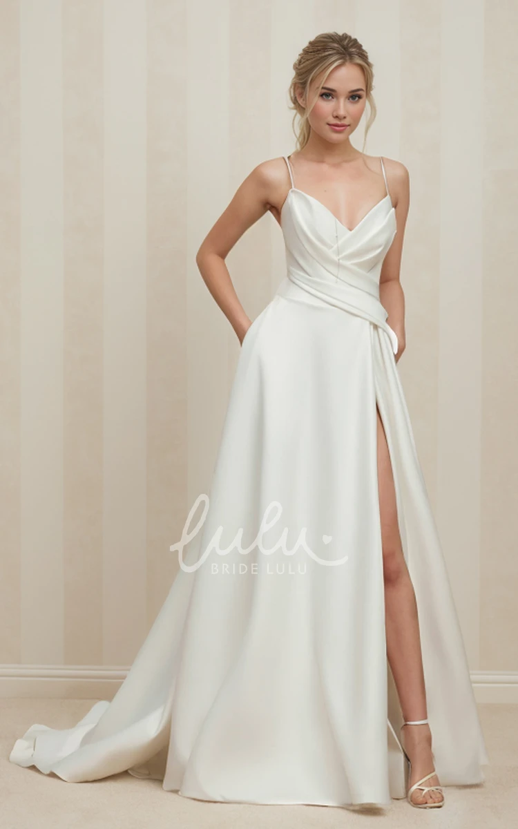 Sexy Casual A-Line Sleeveless Spaghetti Satin Wedding Dress Solid Simple Split Front Beach Floor-length Zipper V Back Bridal Gown with Train