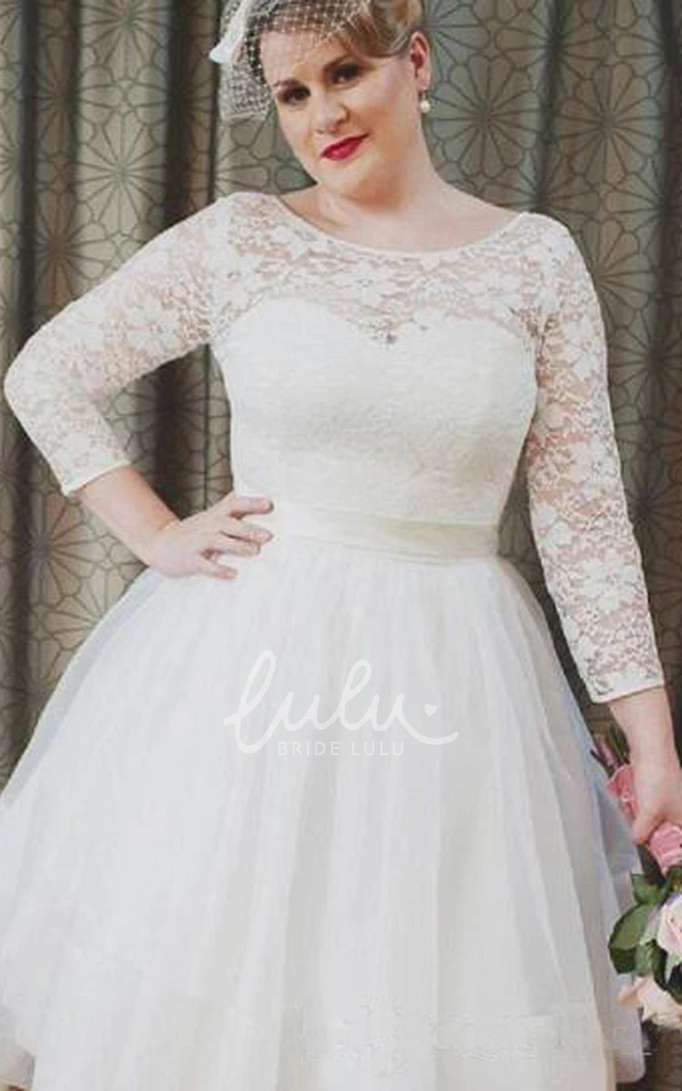 Vintage Style Lace Tea Length Bridal Gown with Scoop Neckline and Long Sleeves