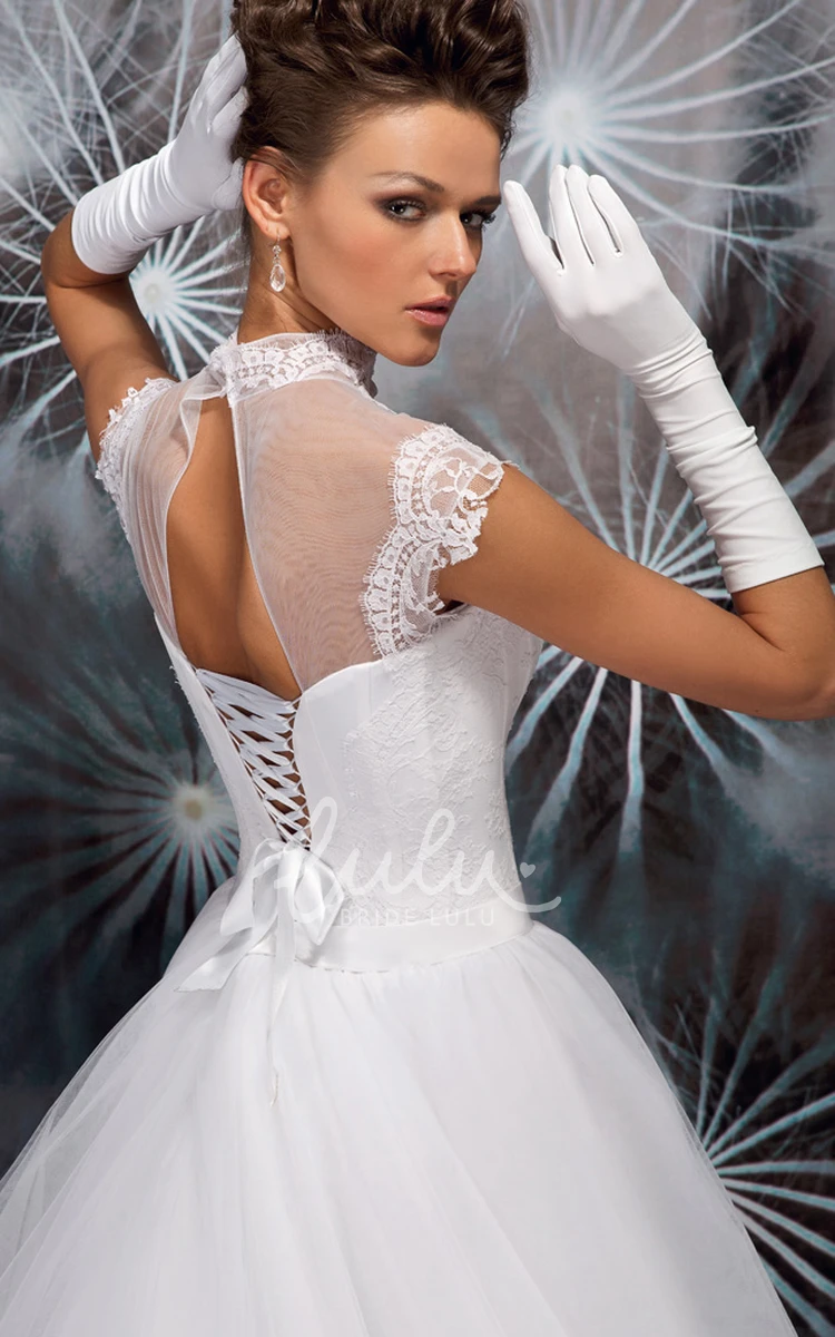 High Neck Sleeveless Tulle Ball Gown Wedding Dress with Appliques and Corset Back