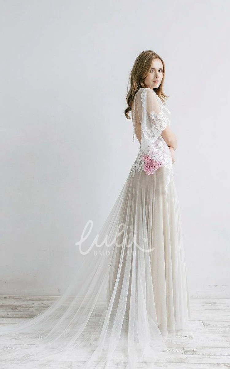 Ethereal Tulle V-Neck Wedding Dress with Bat Sleeves