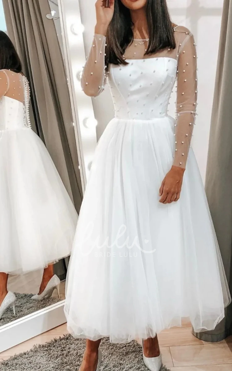 Bateau Tulle Illusion A Line Tea-length Wedding Dress with Beading
