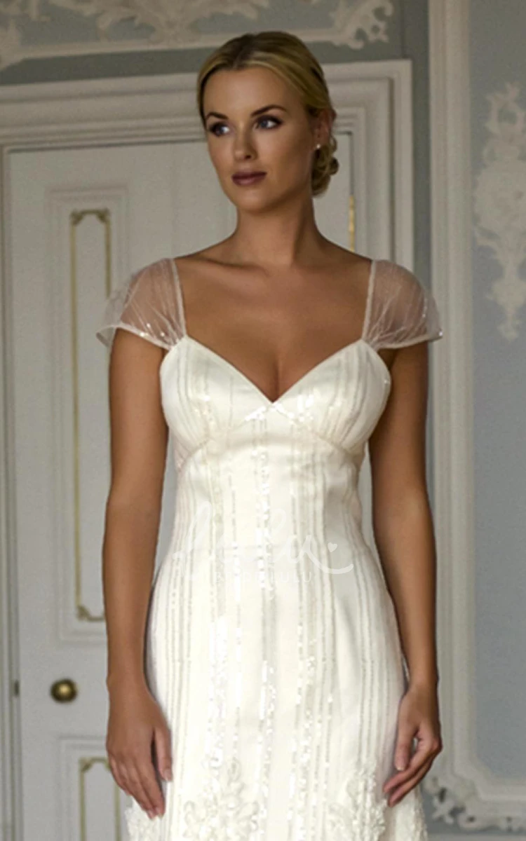 Satin V-Neck Cap-Sleeve Wedding Dress with Appliques A-Line Floor-Length