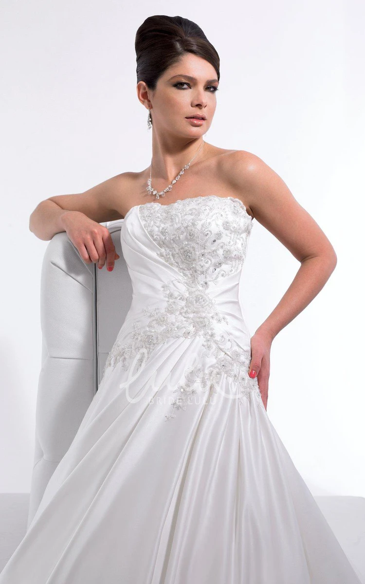 Satin A-Line Wedding Dress with Appliques and Draping Strapless Sleeveless