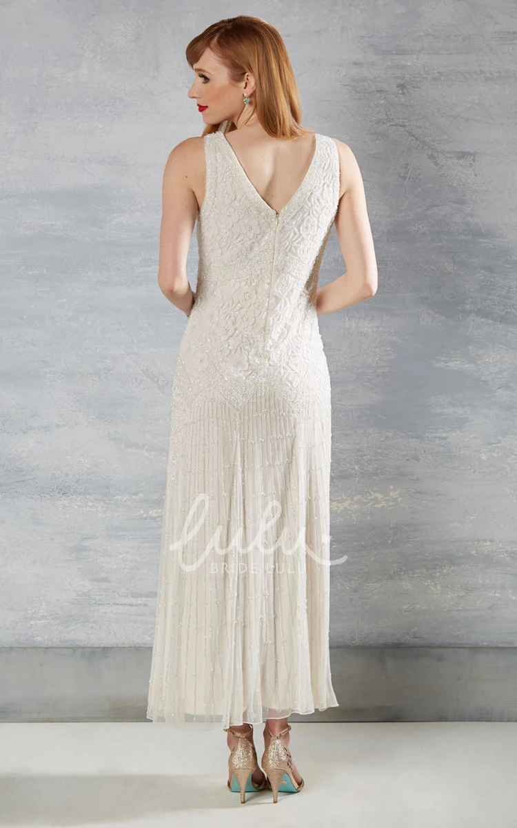 Lace Wedding Dress with Appliques and V Back Ankle-Length Sheath Sleeveless