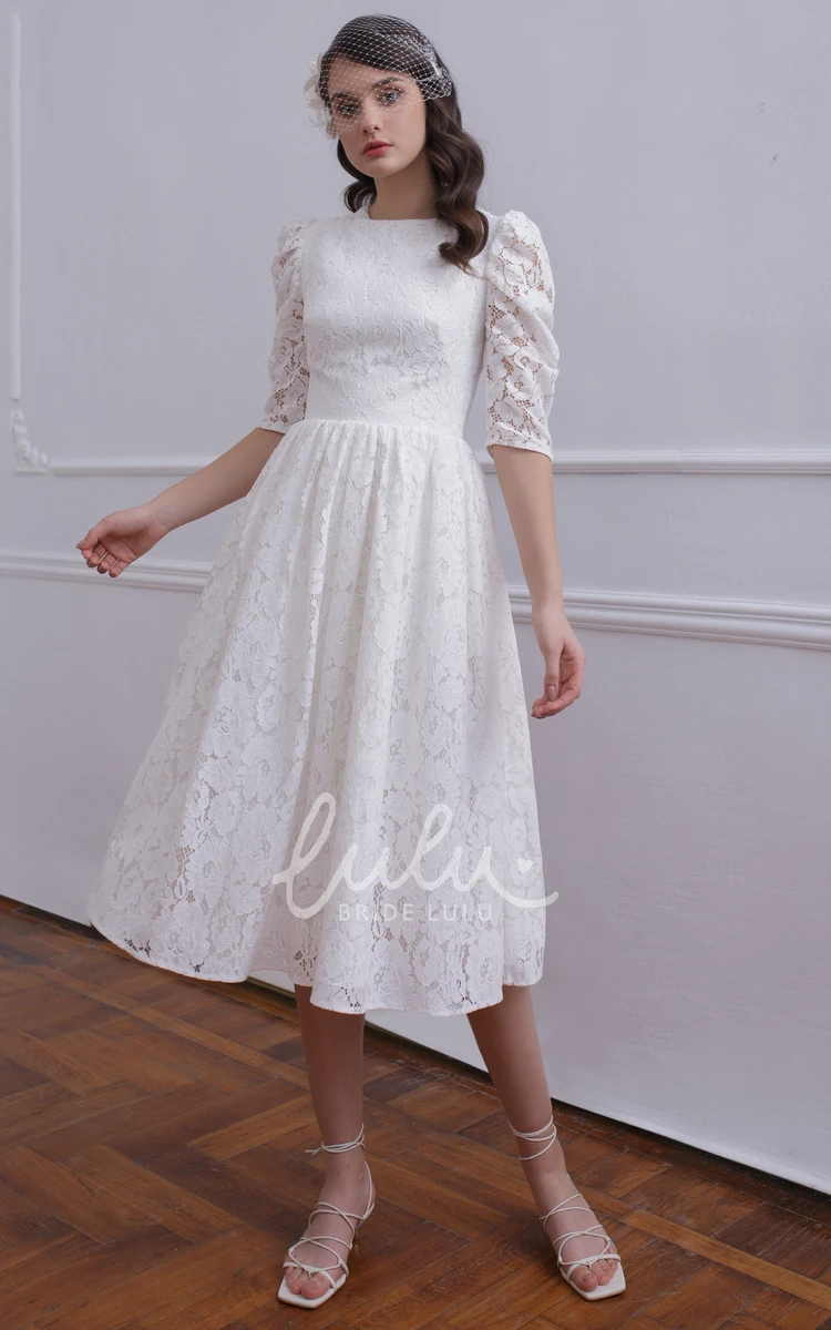 Half Sleeve Lace A Line Wedding Dress with Tea-length and Ruching Vintage Style