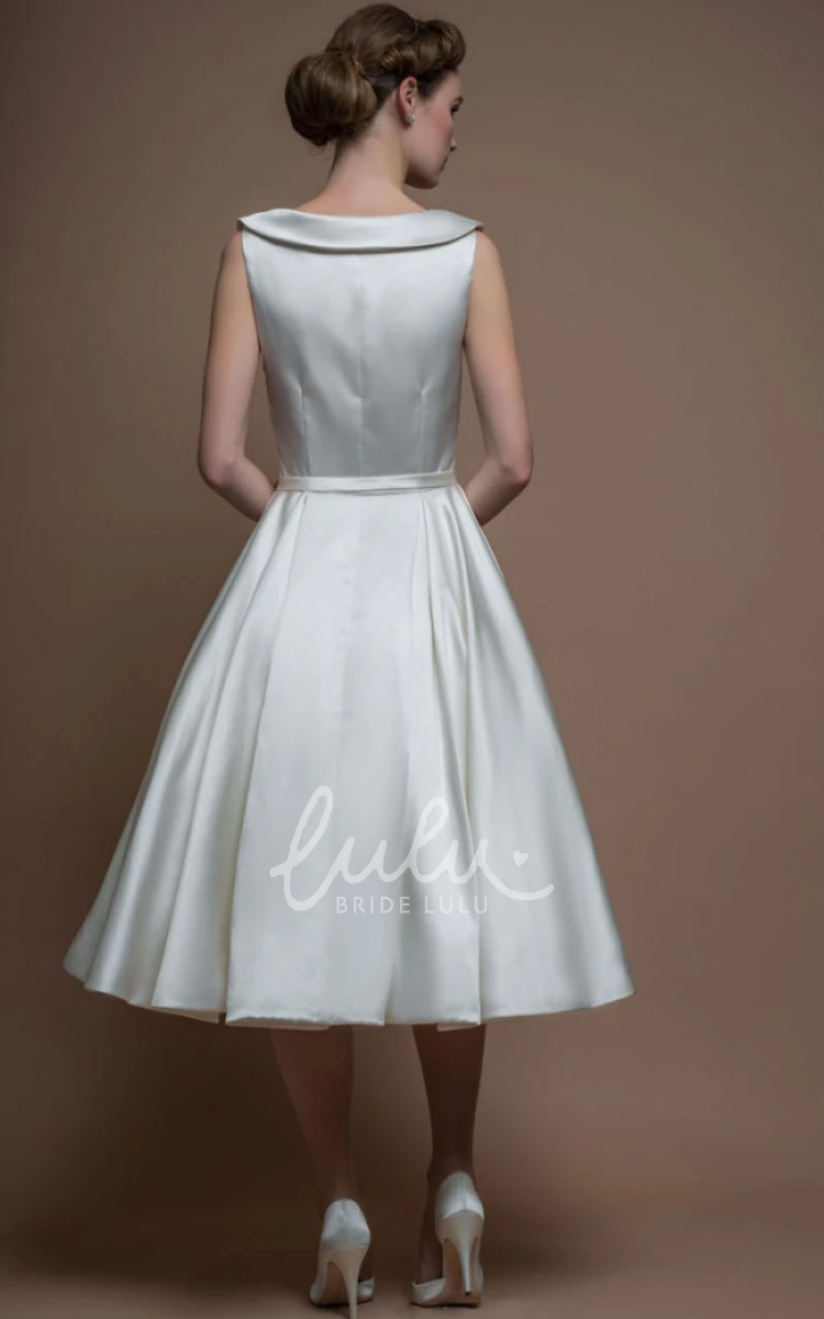 Satin Sleeveless Tea-Length A-Line Wedding Dress With Broach Classy Bridal Gown