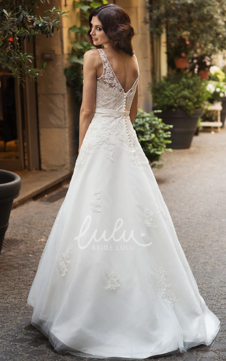 Long Lace&Satin A-Line Wedding Dress V-Neck Sleeveless