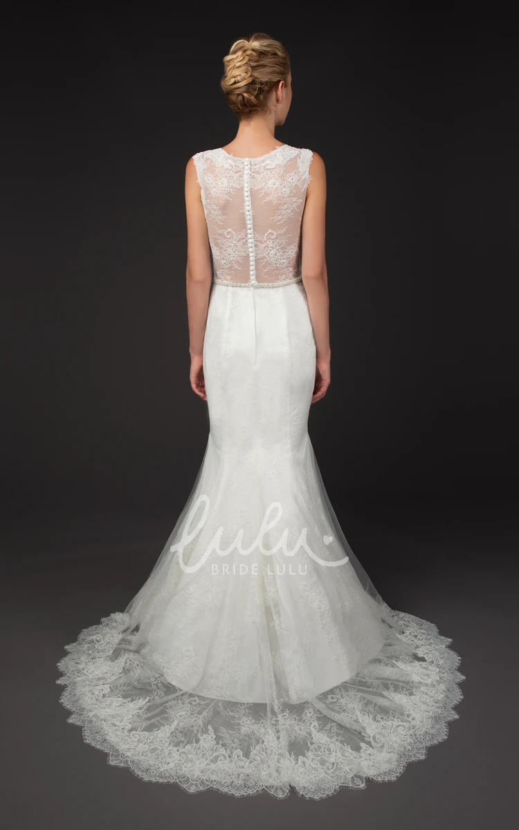 Sleeveless Mermaid Lace Wedding Dress with Appliques Illusion Back and Waist Jewelry