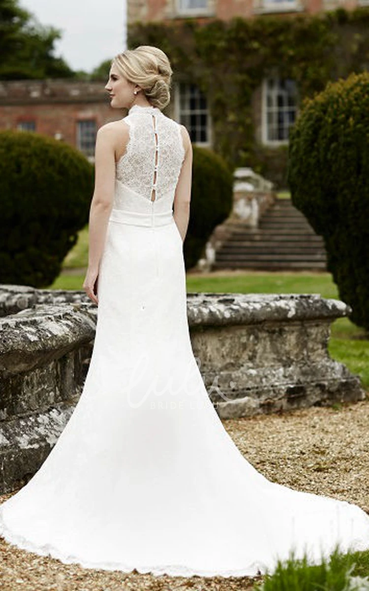 Court Train Floral Lace Wedding Dress with High Neckline