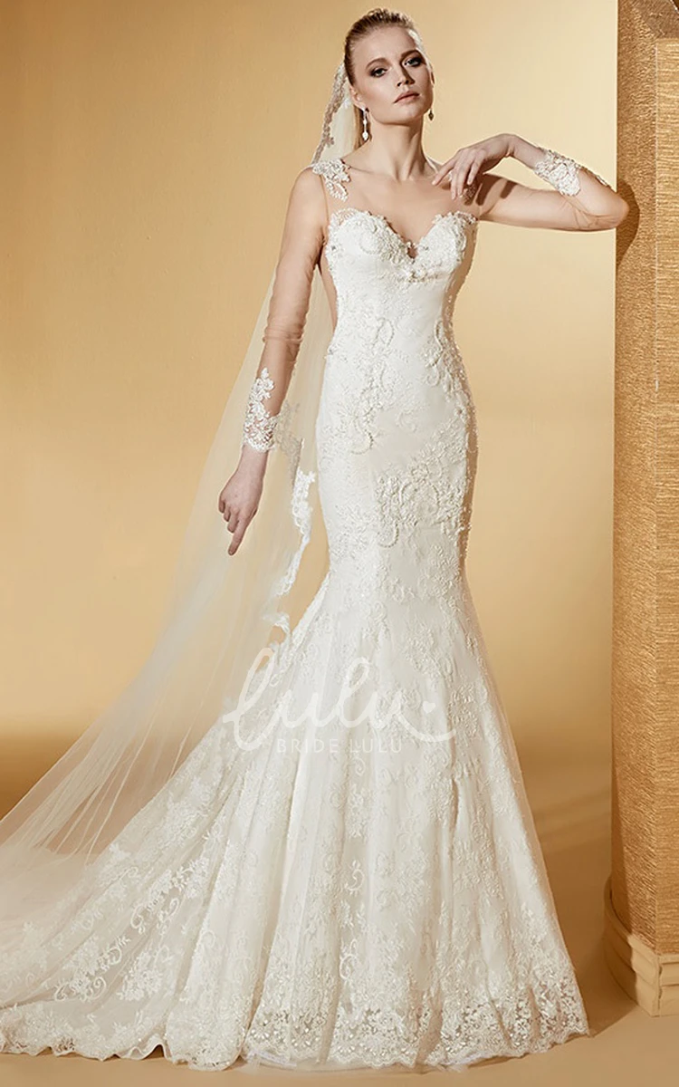 Long-Sleeve Mermaid Lace Wedding Dress with Court Train and Illusive Design