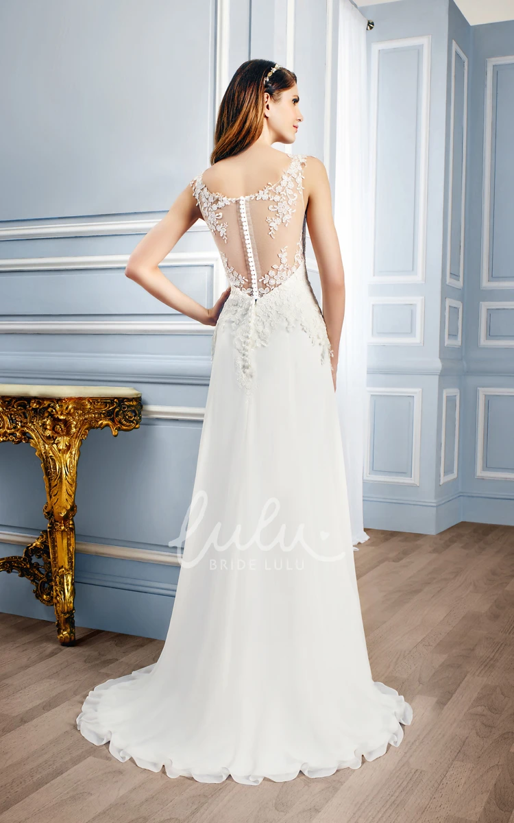 Sleeveless V-Neck Lace Wedding Dress with Appliques and Sweep Train Chic Bridal Gown