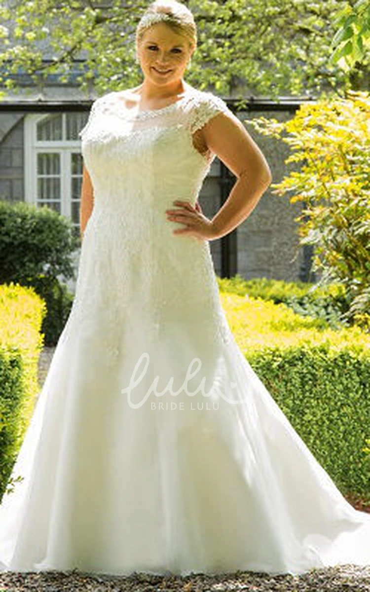 Organza Cap Sleeve Bridal Gown with Lace Top and Scoop Neck