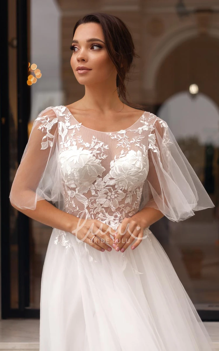 Bohemian Lace Tulle A Line Wedding Dress with Appliques and Sweep Train