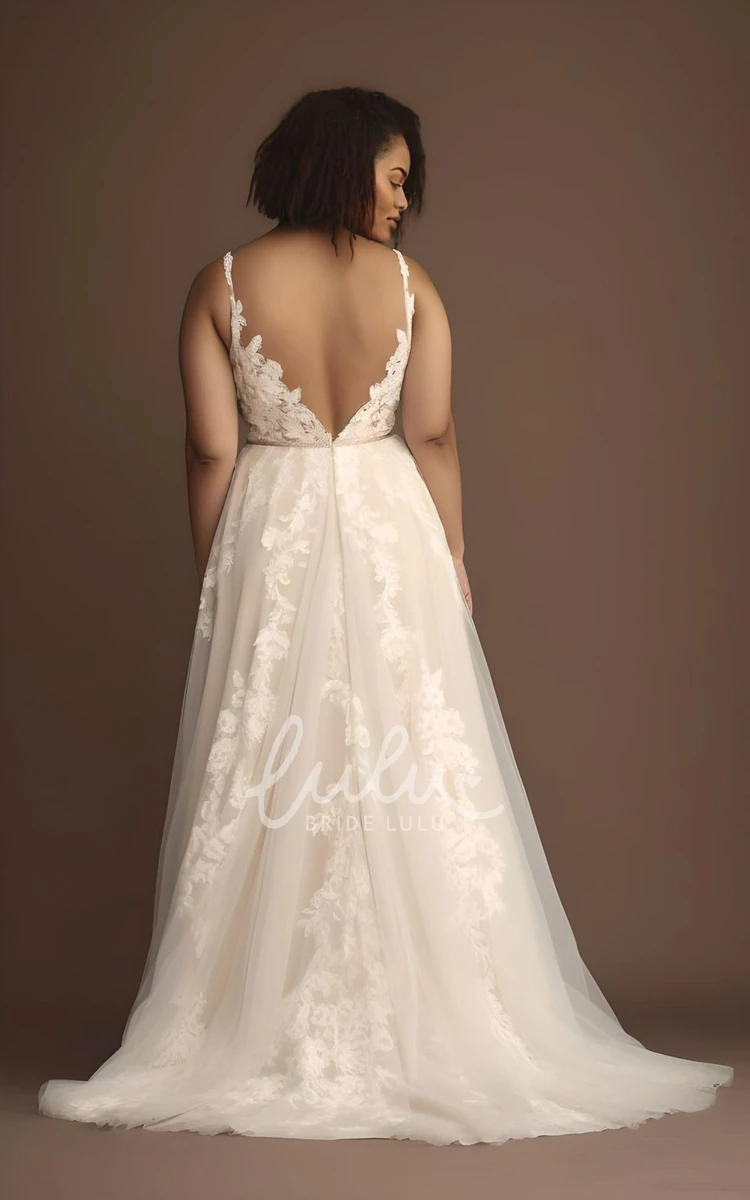 Plus Size A-Line Wedding Dress Lace Tulle Sleeveless Appliques Plunging Neckline V-neck Ethereal Boho