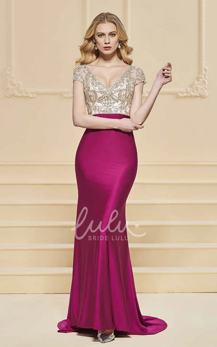 Illusion Beaded Satin Sheath Prom Dress with Plunging Neckline