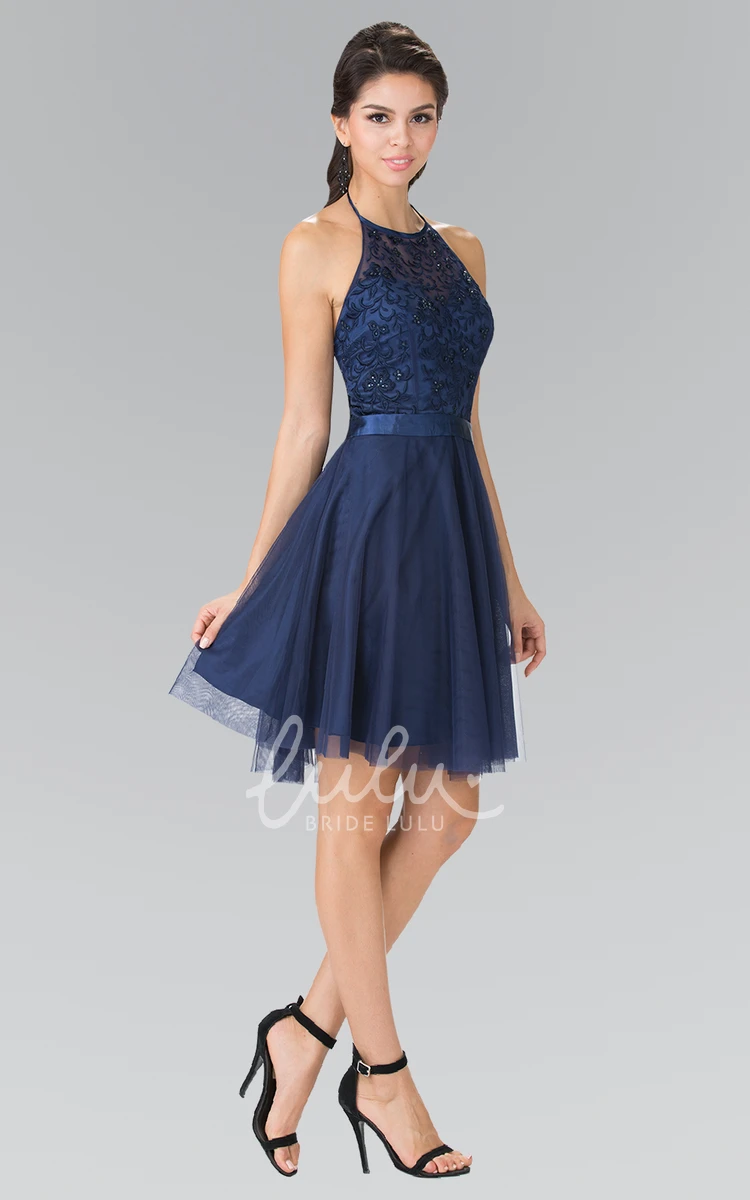 Halter Sleeveless Tulle Satin Backless Dress With Embroidery A-Line Beach Formal Dress