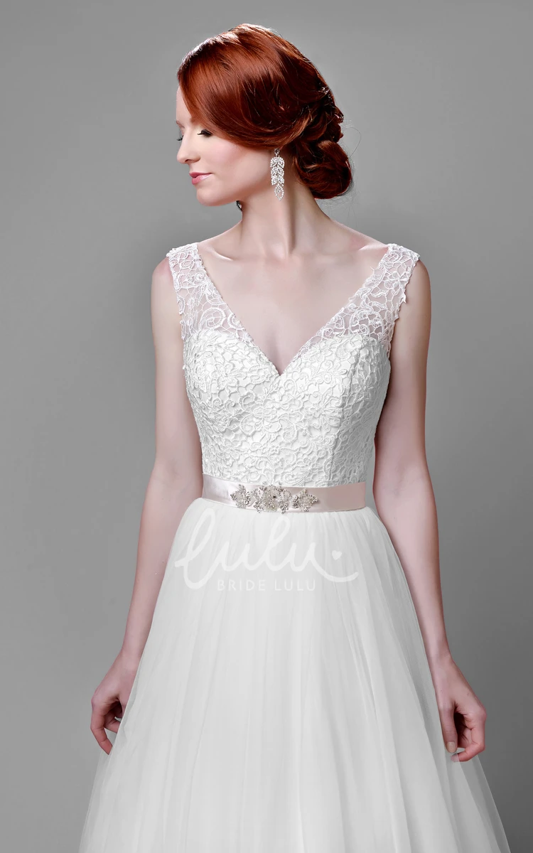 V-Neck Lace and Tulle Wedding Dress with Beaded Satin Belt Romantic Bridal Gown
