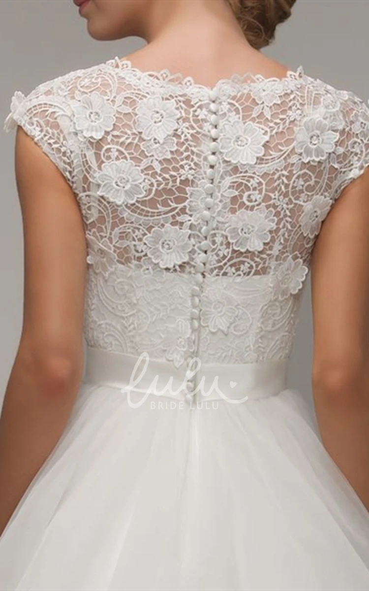 Cap-Sleeve Tulle A-Line Wedding Dress with Appliques and Illusion Scoop-Neck