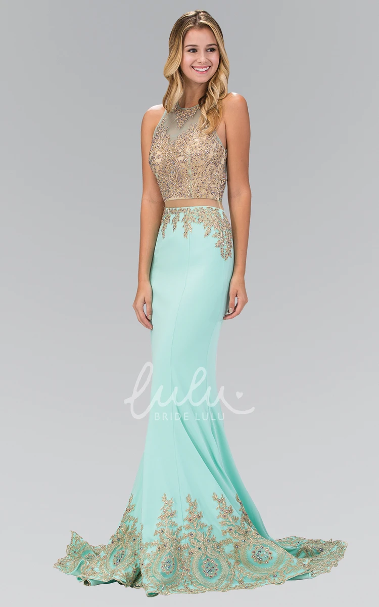 Scoop-Neck Sleeveless Jersey Two-Piece Formal Dress with Beading and Appliques Sheath Long