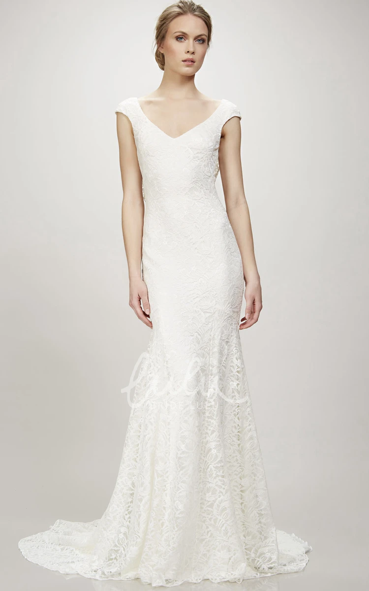 Cap-Sleeve Lace V-Neck Wedding Dress with Court Train and V Back