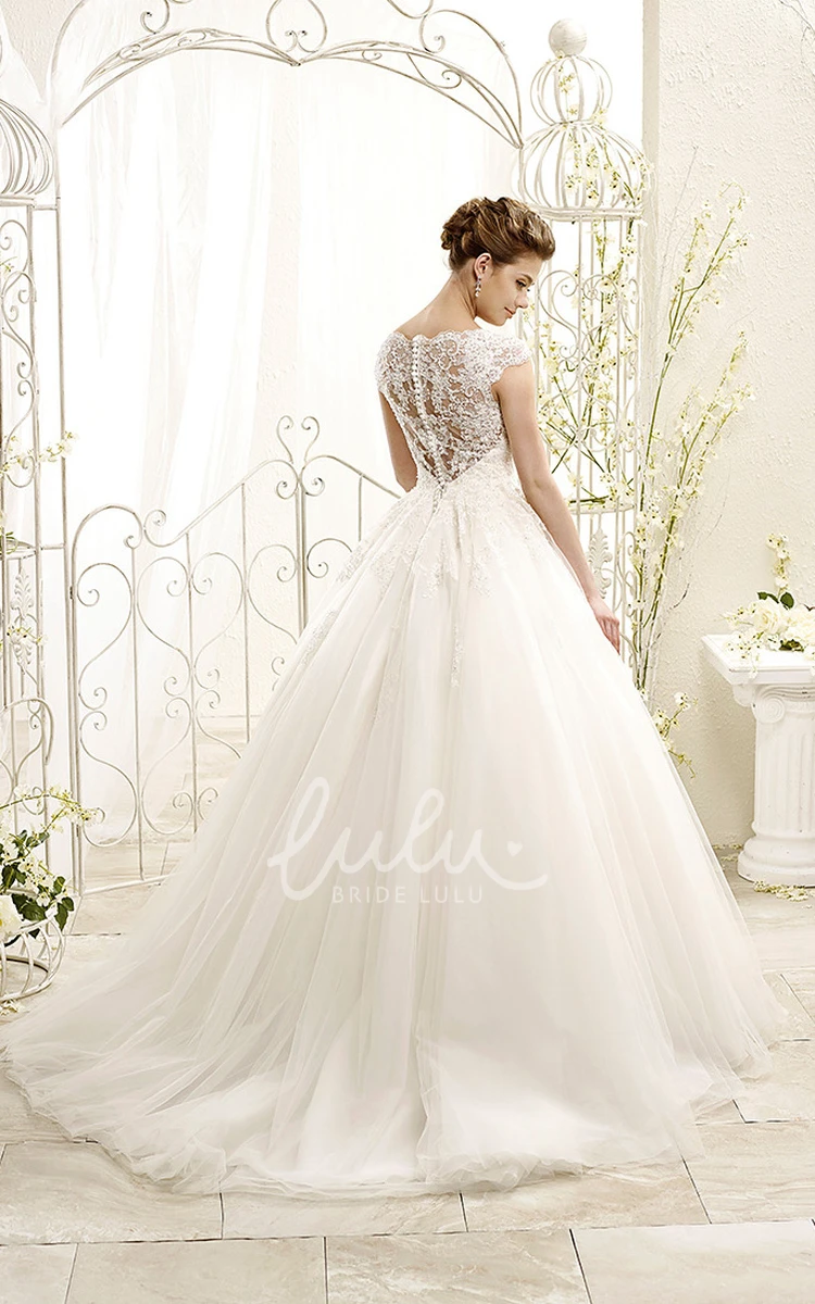 Cap-Sleeve Appliqued Tulle&Lace Ball Gown Wedding Dress Classic Bridal Gown