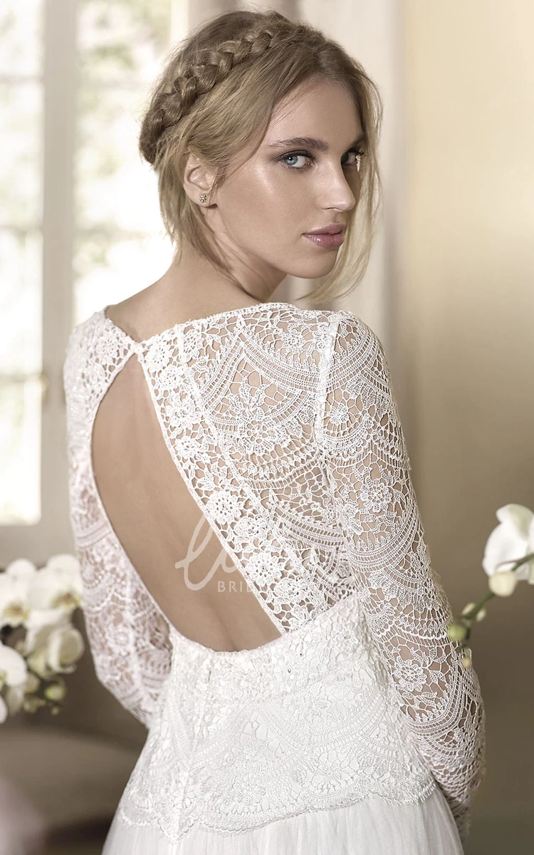 Lace Keyhole Sheath Tulle Wedding Dress with Square Neck and Long Sleeves