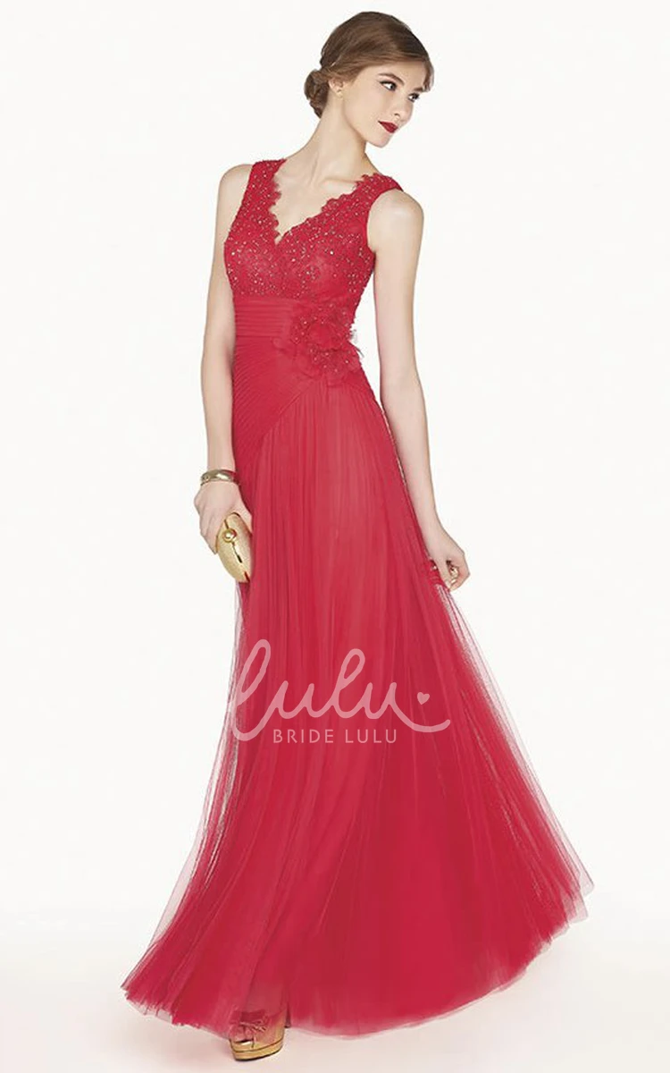 A-Line Tulle Long Prom Dress with Scalloped V-Neck and Floral Waist