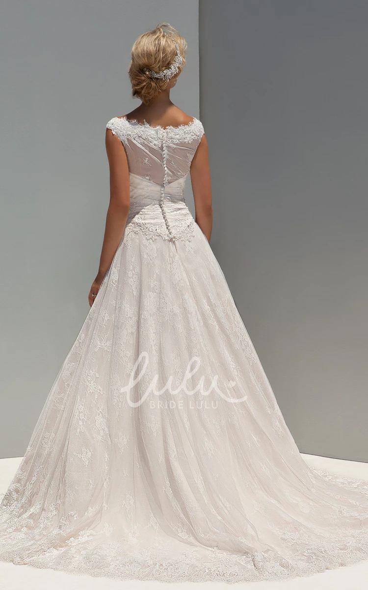 A-Line Lace Wedding Dress with Cap Sleeves and Long Scoop Neck