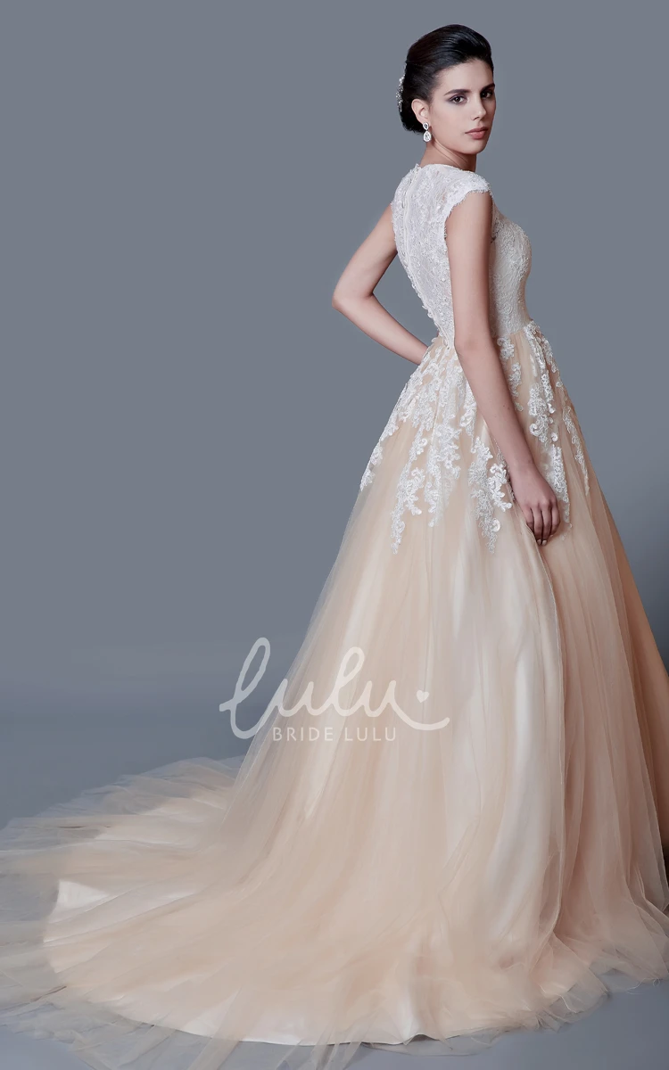 Cap Sleeve Lace Wedding Dress Modest A-Line V-Neck Elegant