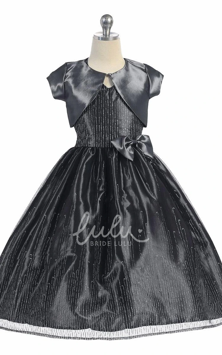Tea-Length Tulle&Taffeta Flower Girl Dress with Split & Bow