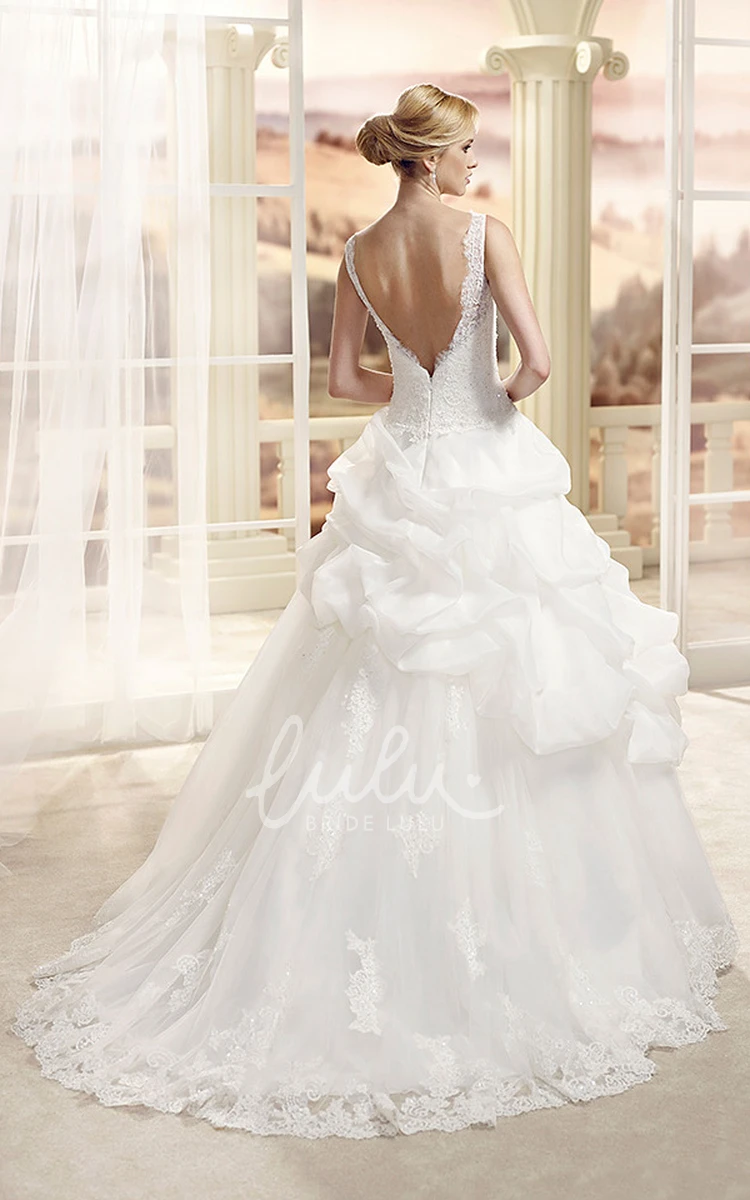 Lace&Organza A-Line Wedding Dress with Appliques Bateau-Neck Pick-Up Floor-Length