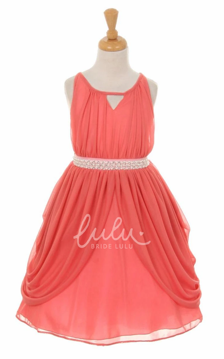 High Neck Chiffon Tea-Length Flower Girl Dress with Ribbon Simple Dress