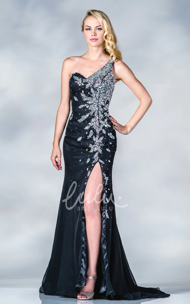 One-Shoulder Sleeveless Dress with Beading and Split Front Sheath Style