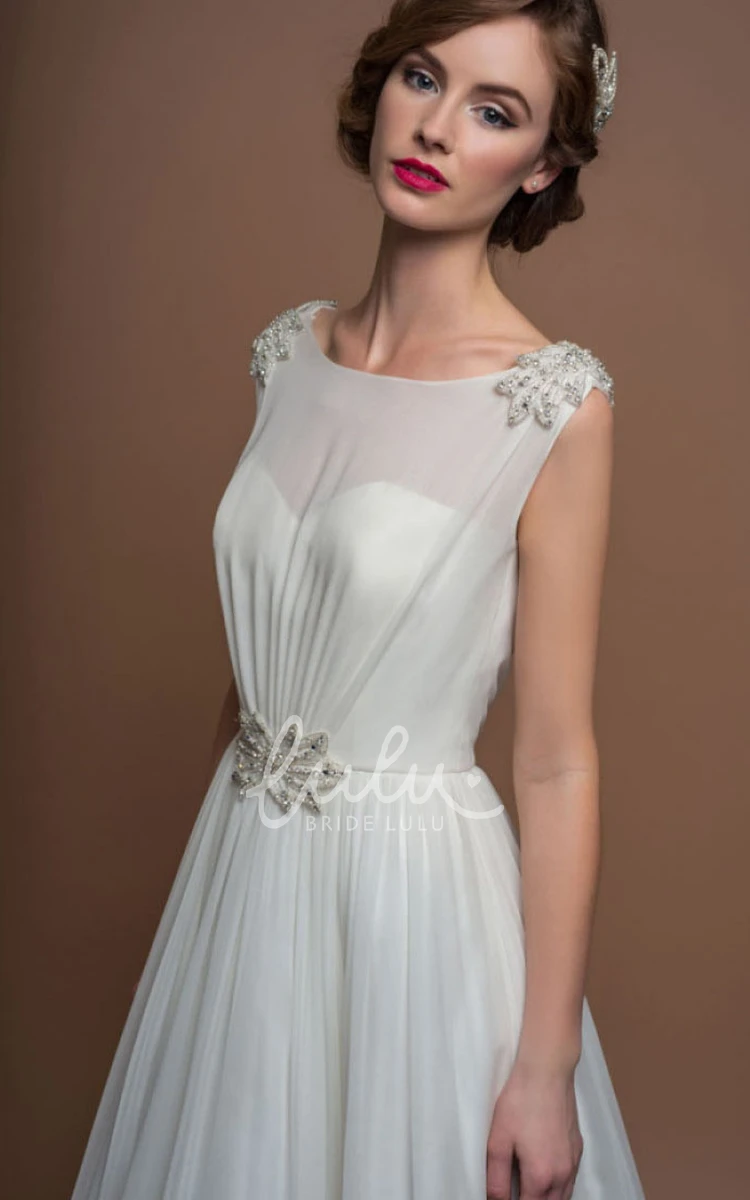 Chiffon A-Line Wedding Dress with Deep-V Back Waist Jewelry and Bateau Neck Sleeveless