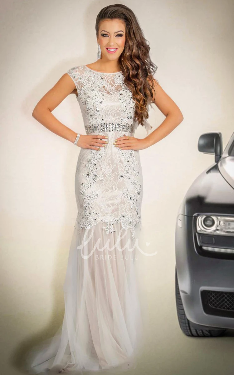 Beaded Cap-Sleeve Lace&Tulle Sheath Prom Dress with Waist Jewelry Elegant Prom Dress 2024