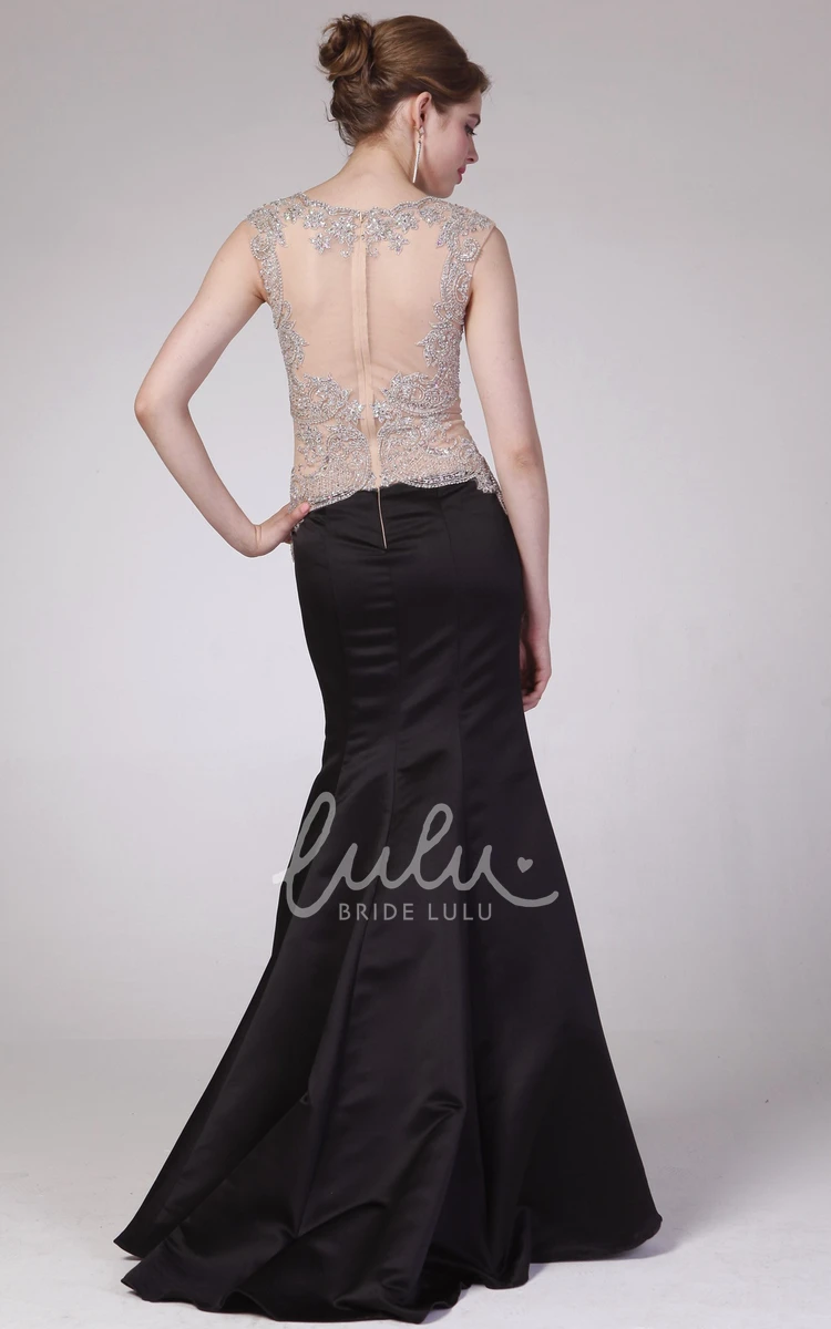 Trumpet Sleeveless Satin Illusion Dress with Jewel Neckline and Beading