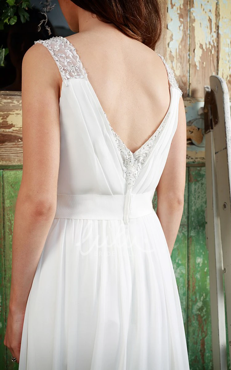 Beaded V-Neck Chiffon Wedding Dress Sleeveless Ruched