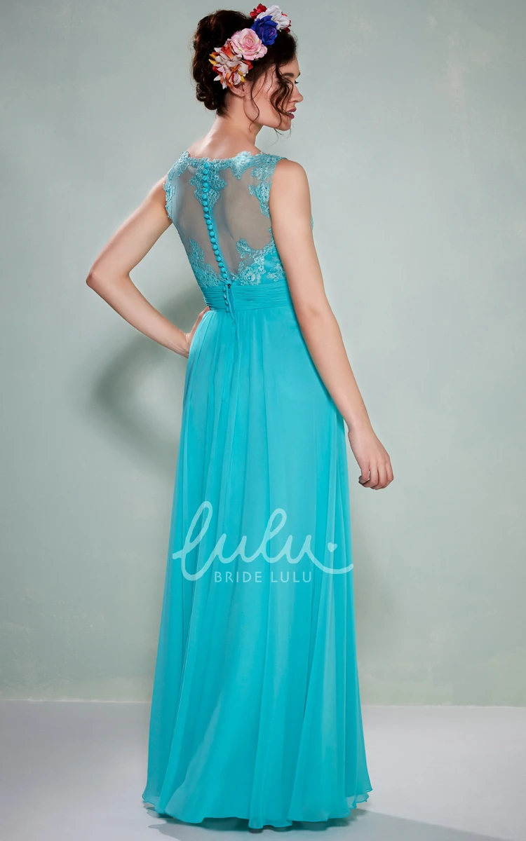 Sleeveless Chiffon Bridesmaid Dress with Illusion Back Bateau Neck Applique Dress