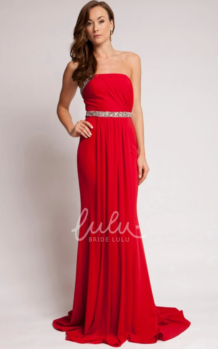 Strapless Sheath Chiffon Prom Dress with Beading Pleats and Backless Style