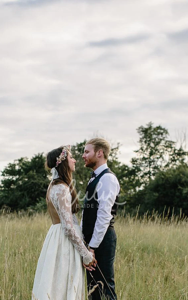 Lace Open Back Halter Wedding Dress with Long Sleeves