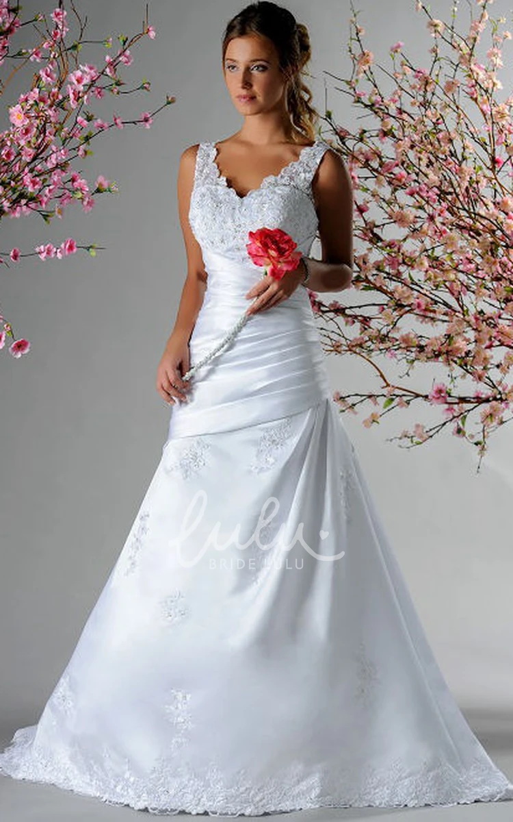 Taffeta Waist Bridal Gown with Appliqued V-Neck and Tulle Skirt Simple Wedding Dress