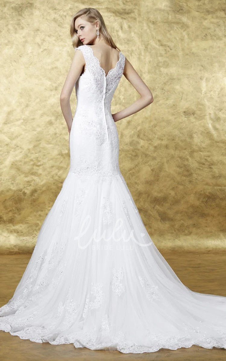 Sheath Lace Wedding Dress with Appliques V-Neck Sleeveless Long Low-V Back Pleats