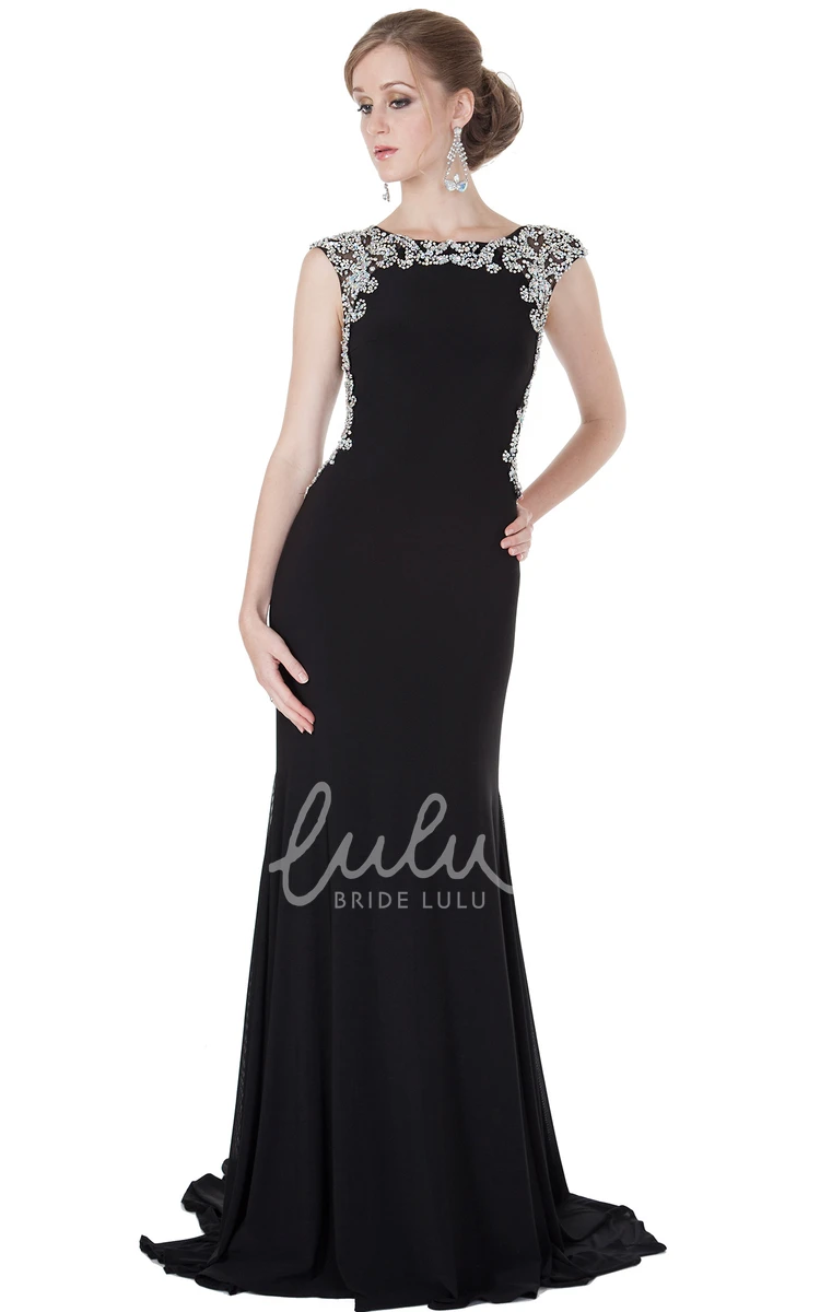 Beaded Chiffon Cap-Sleeve Scoop-Neck Prom Dress with Brush Train