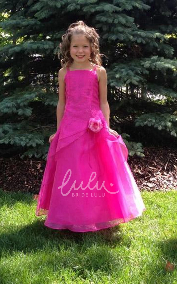 Ankle-Length Organza Flower Girl Dress with Spaghetti Straps and Cape