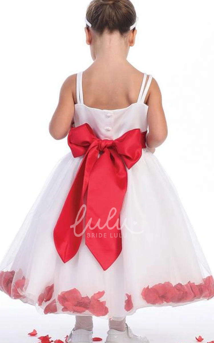 Petal-Sleeve Tea-Length Spaghetti Tulle Flower Girl Dress Unique Prom Dress