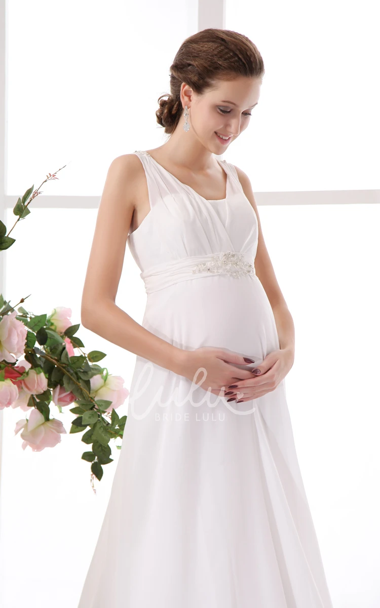 Chiffon Empire Maternity Wedding Dress with Beading and Sleeveless Design