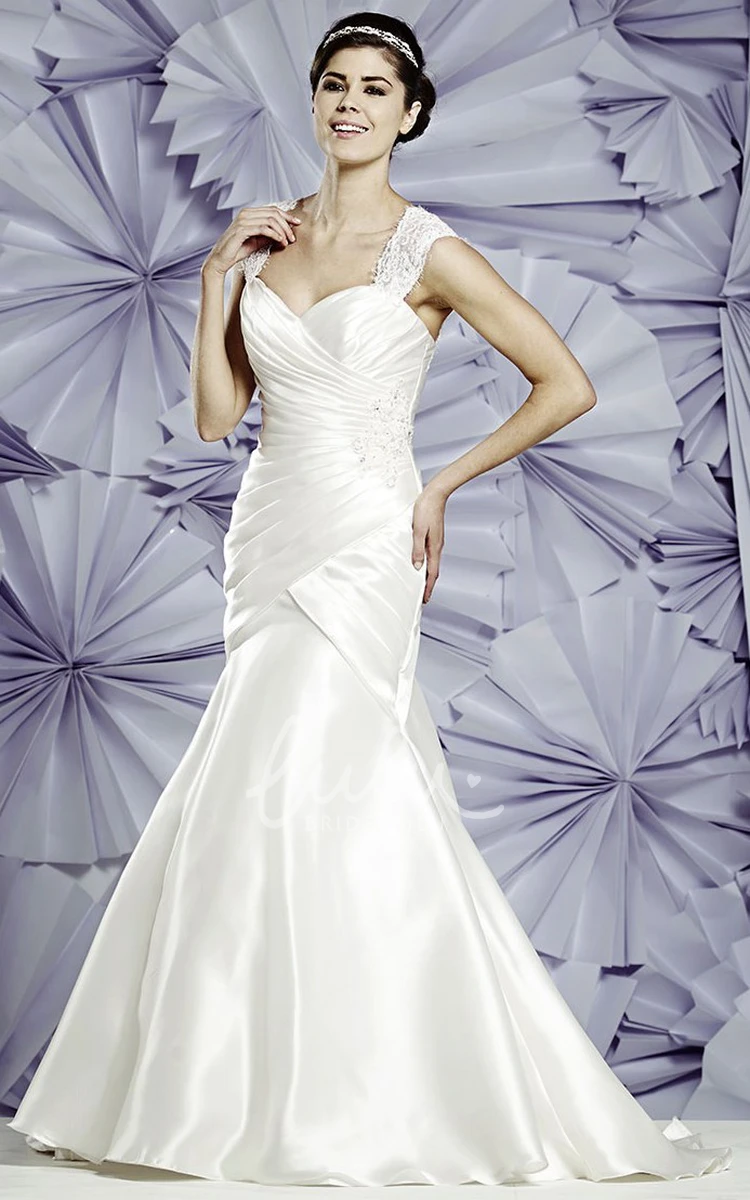 Lace Mermaid Wedding Dress with Ruching Stretch Satin Queen Anne Neckline