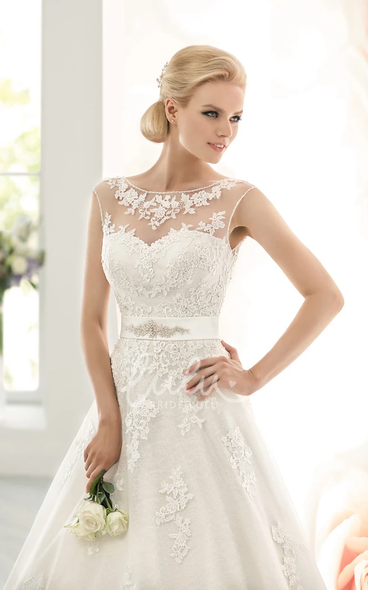 Lace Applique A-Line Wedding Dress with Cap-Sleeves and Waist Jewelry